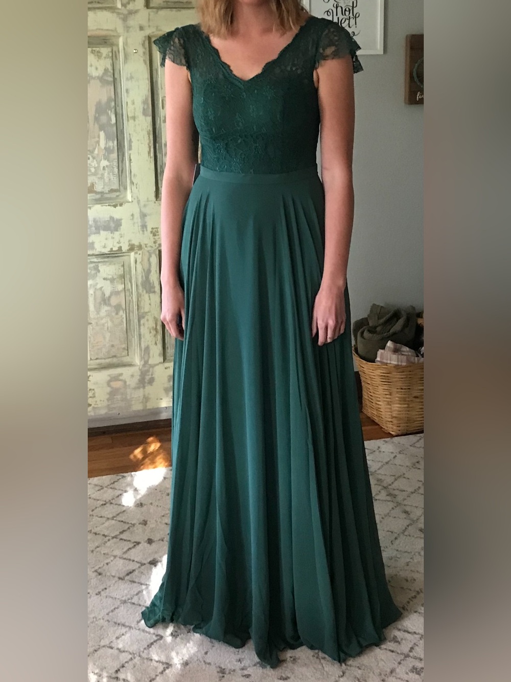 Dark Green Lace Bodice Chiffon Dress